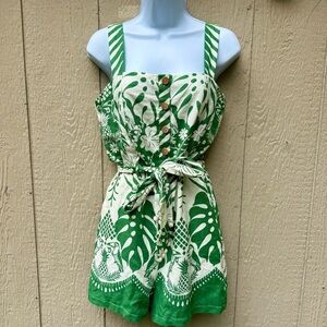 NWOT Rachel Zoe Linen Rayon Belted Button Front Romper Jumpsuit Green Parrots 6